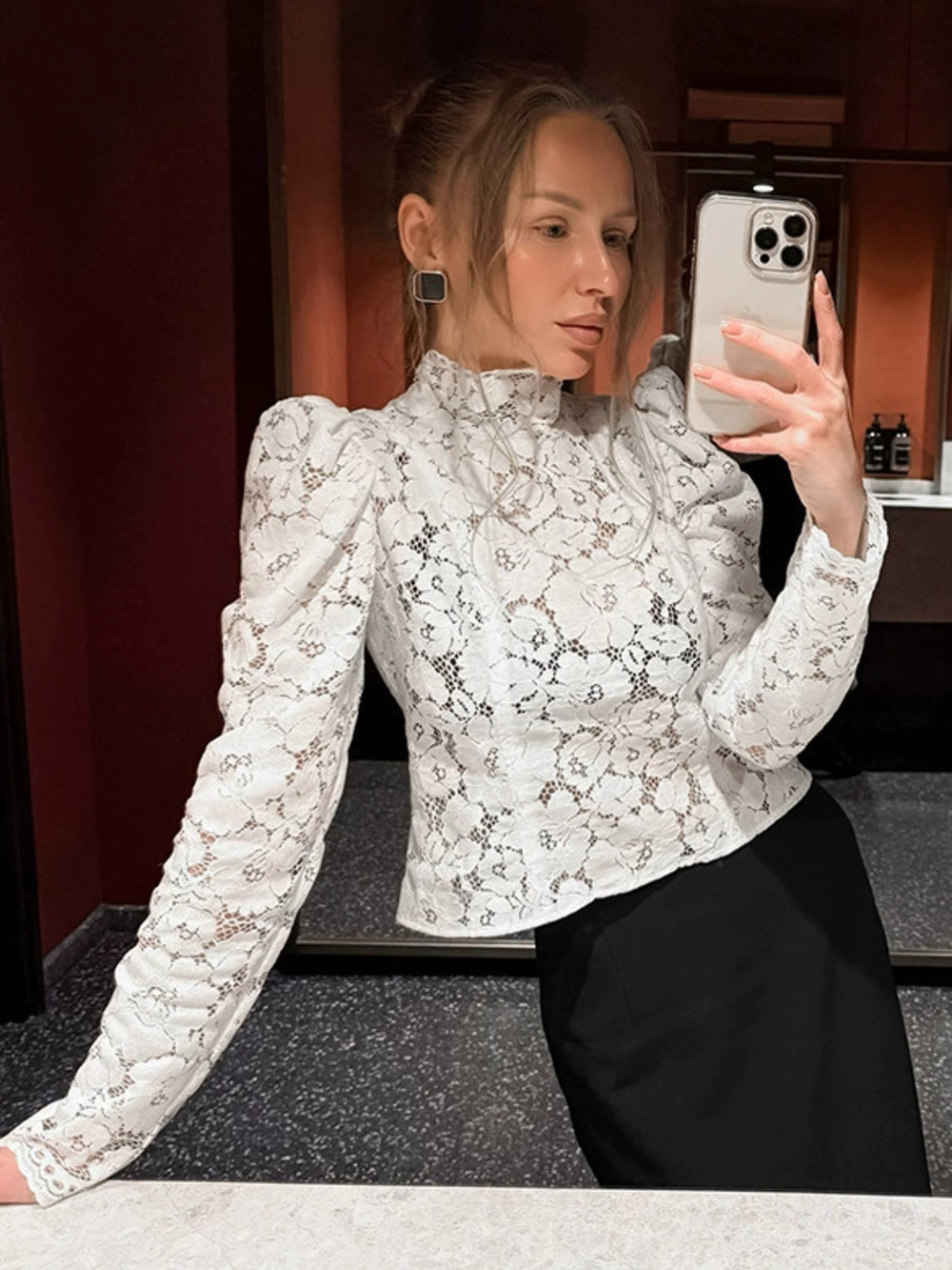 Forever 21 White Lace Turtleneck Puff Sleeve Top